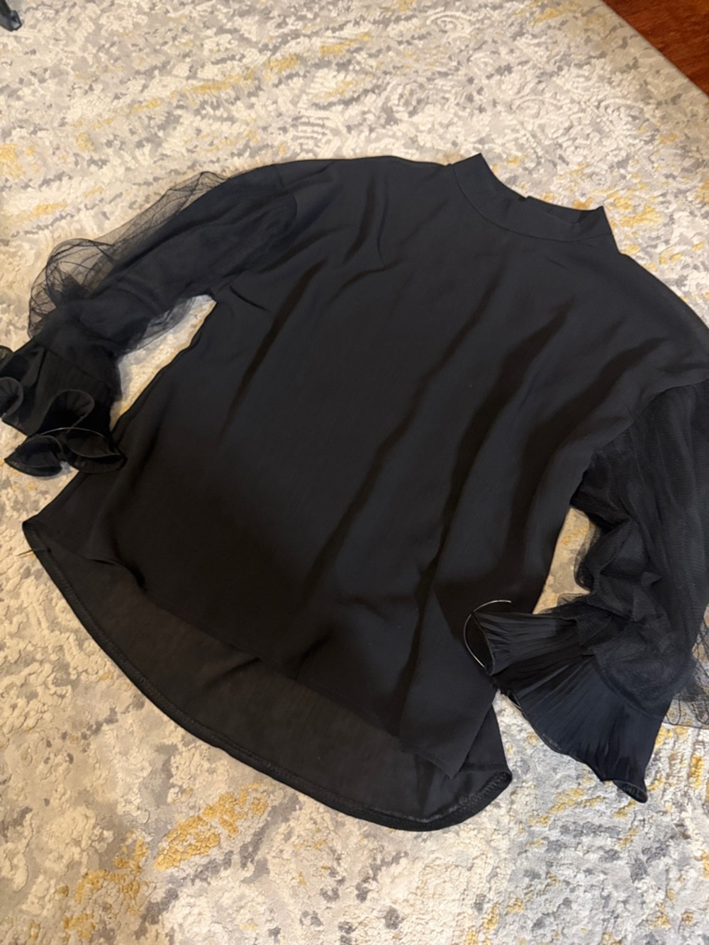 Black Mock-Neck Sheer Sleeve Women's Top